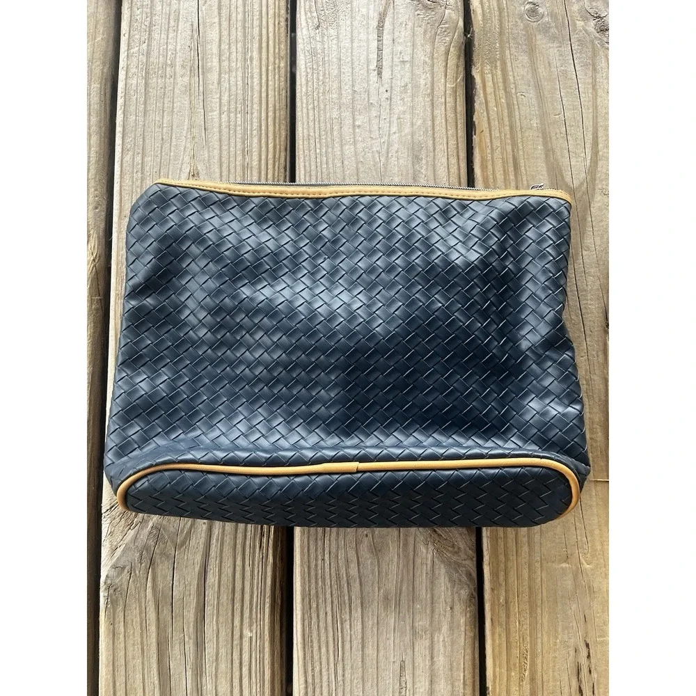 Joan &‎ David Navy Blue And Tan Woven Cosmetic Bag Makeup Toiletries